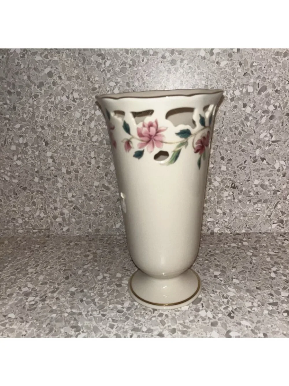 Lenox Barrington Collection Vase Ivory Pink Floral Pierced Lattice Gold Trim
